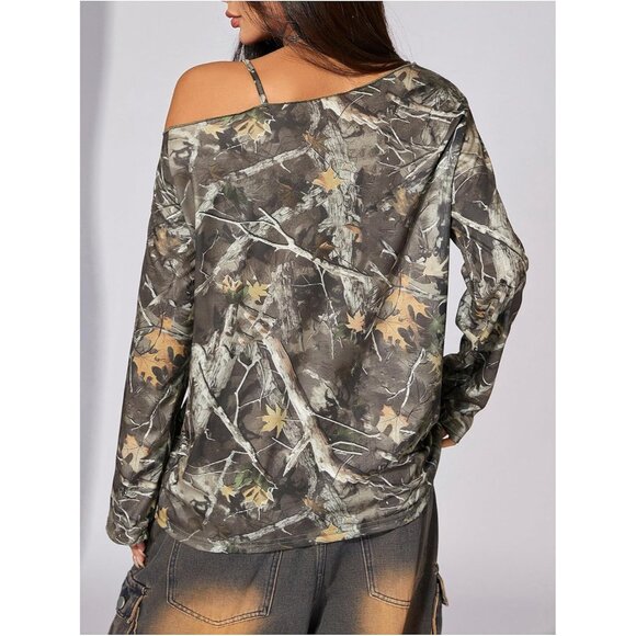 Women's Camo T-Shirts Long Sleeve Cold Shoulder Loose Tee Shirts Vintage Streetw - Picture 2 of 5